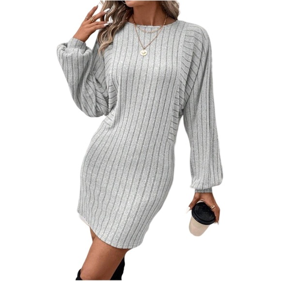 Grey Batwing Long Sleeve Ribbed Knit Bodycon Sweater Dress - Picture 7 of 7